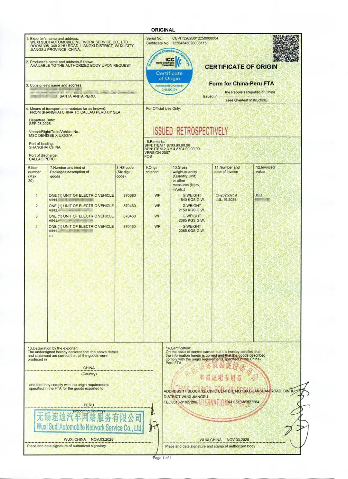 Número de certificado, Exportador (SudiAuto), importador, buque, puertos, descripción de mercancías con código SA, criterio de origen WP, entidad emisora CCPIT.